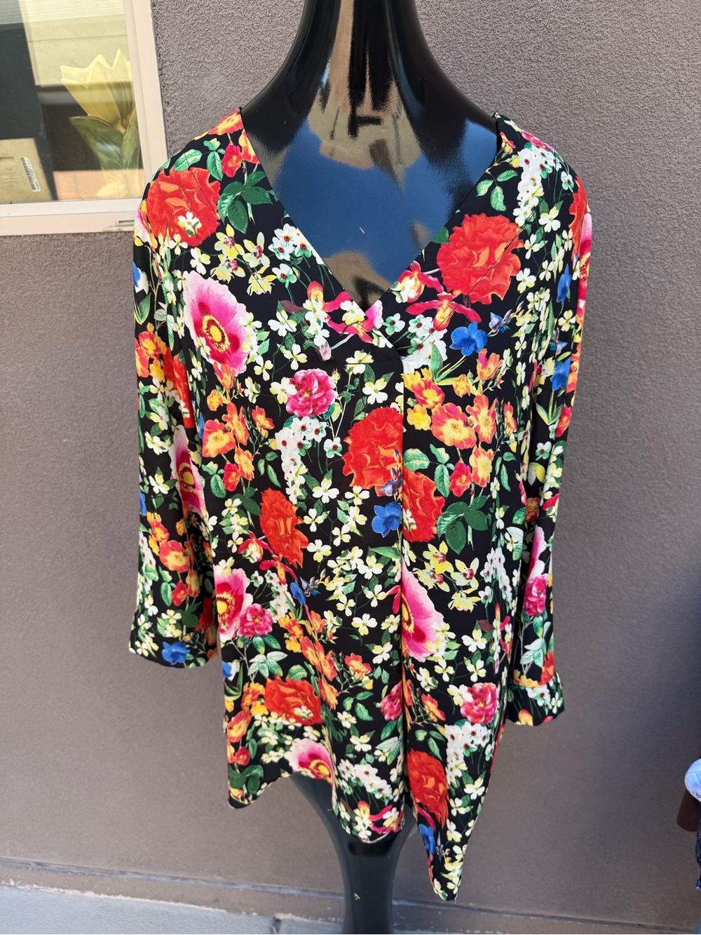 Rose & Olive Floral V-Neck Tunic Top Black 1X